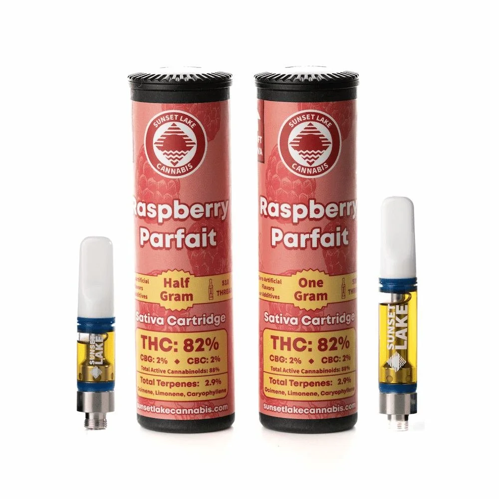 Photo of two Raspberry Parfait strain vape carts by Sunset Lake Cannabis available in Vermont.