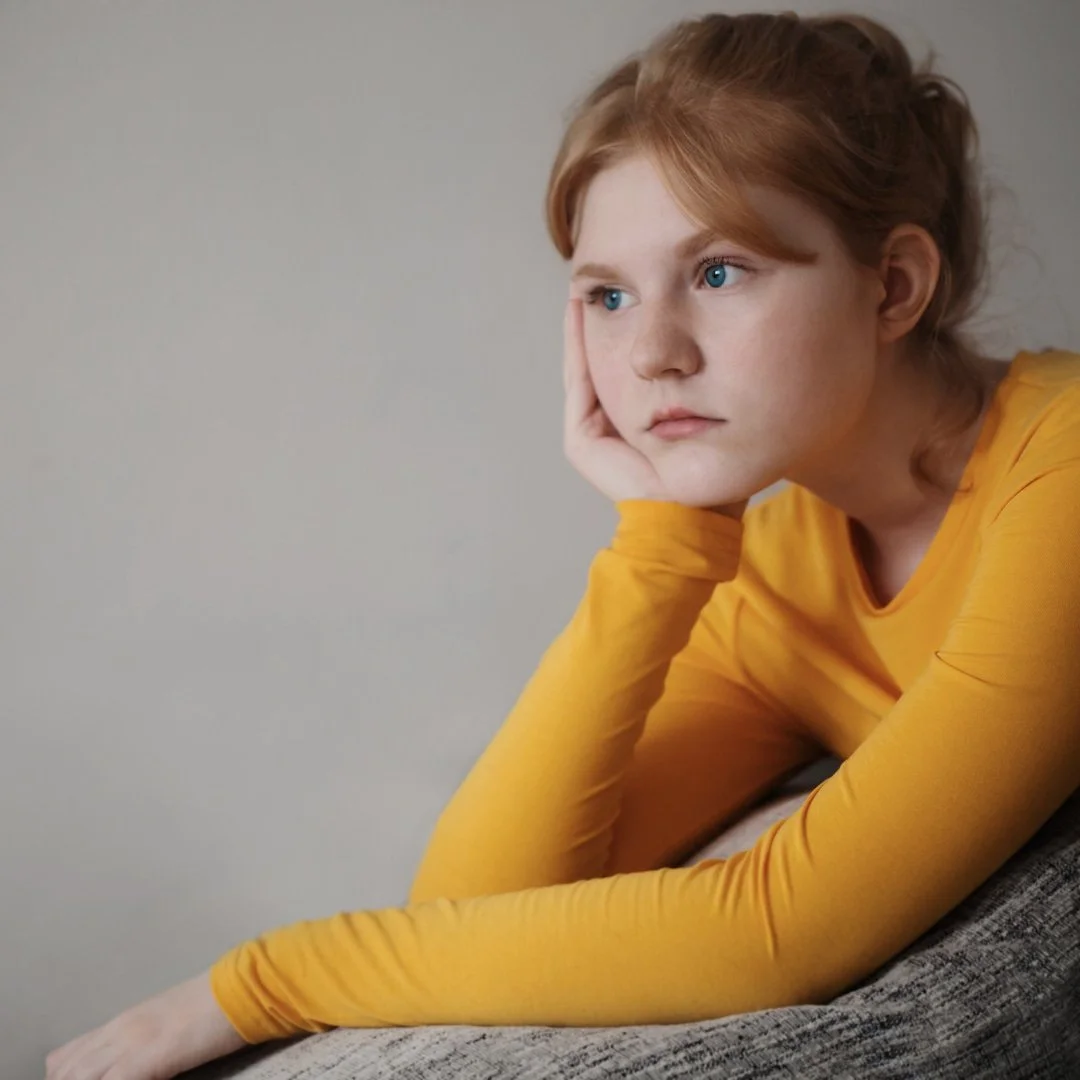 A young person with red hair in a yellow top rests their head on their hand, looking thoughtfully into the distance.