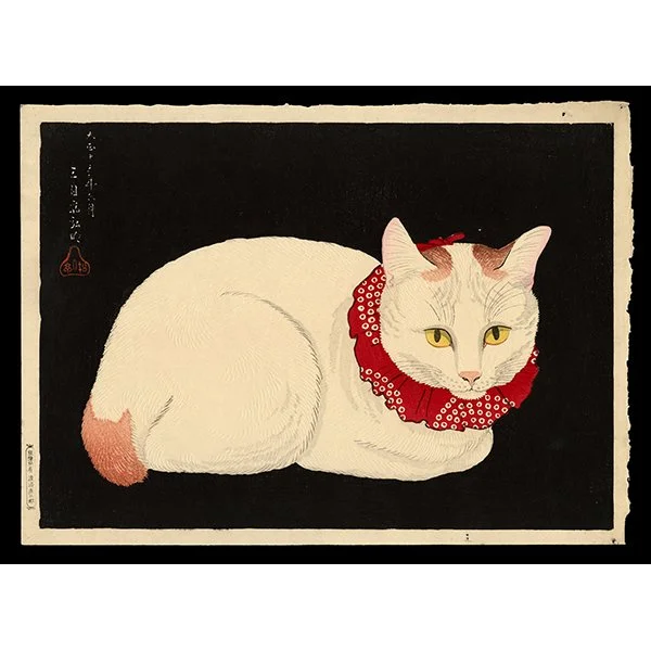 <b>WHITE CAT WITH RED RUFFLED COLLAR (TAMA)</b> / <em>Takahashi Hiroaki (Shotei)<br>1924<br><br><B>SOLD</B></em>