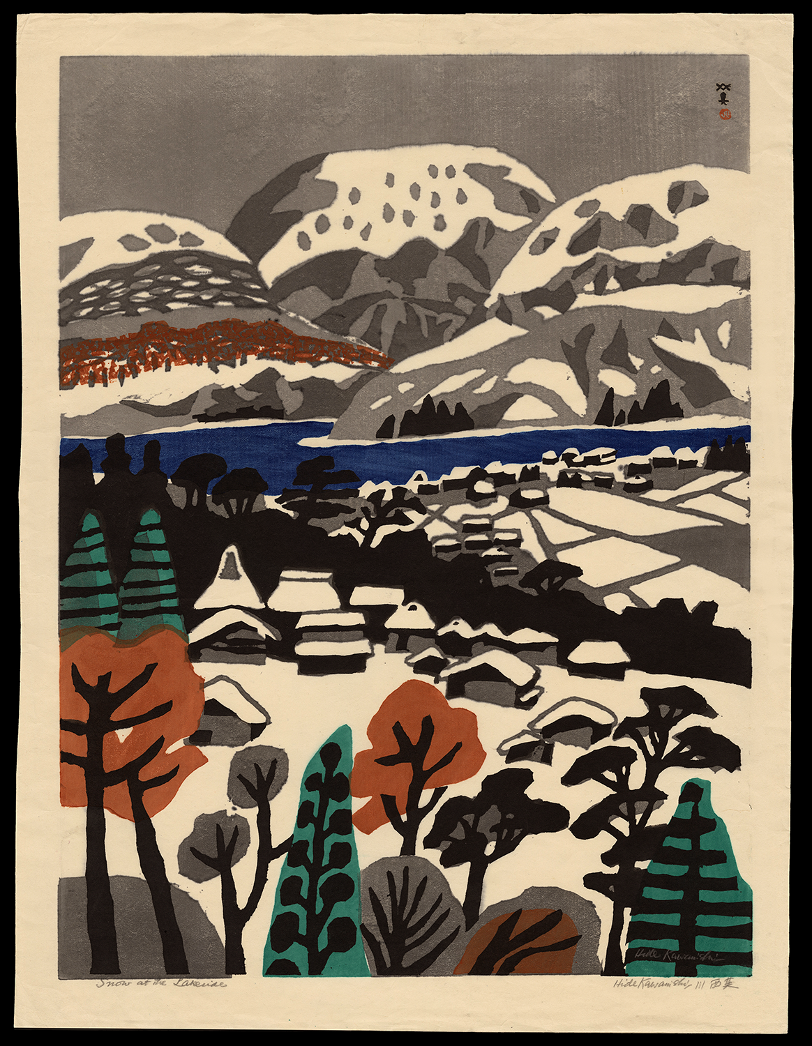 sosaku-hanga-hide-kawanishi-Snow-at-the-lake-side.png