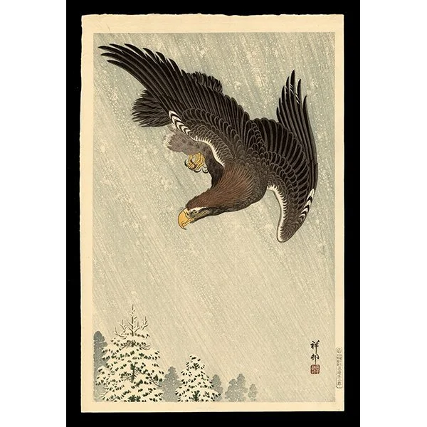 <b>EAGLE IN FLIGHT AGAINST A SNOWY SKY</b> / <em>Ohara Shoson<br>1933<br><br><b>SOLD</b></em>