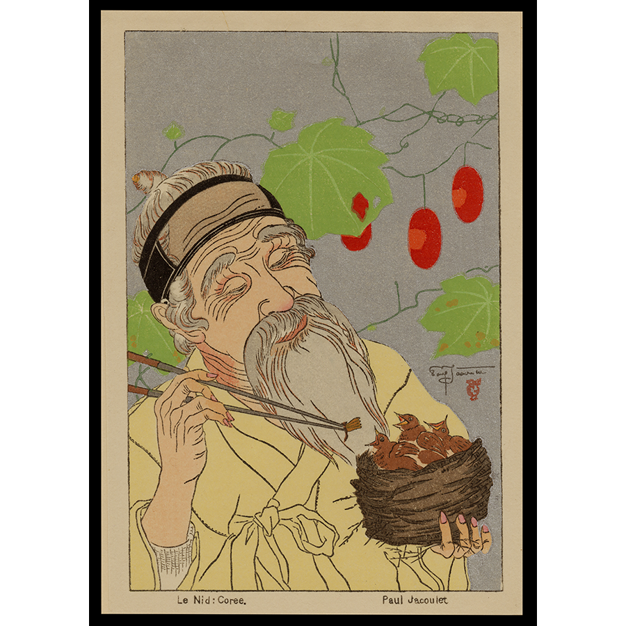 <b>LE NID COREE SURIMONO POSTCARD</b> / <em>Paul Jacoulet<br>c. 1948<br><br><b>SOLD</b></em>
