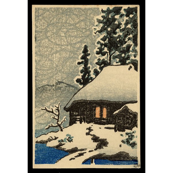 <b>EVENING VIEW OF A SNOW COVERED COTTAGE</b> / <em>Kawase Hasui<br>c. 1930s<br><br><B>SOLD</B></em>