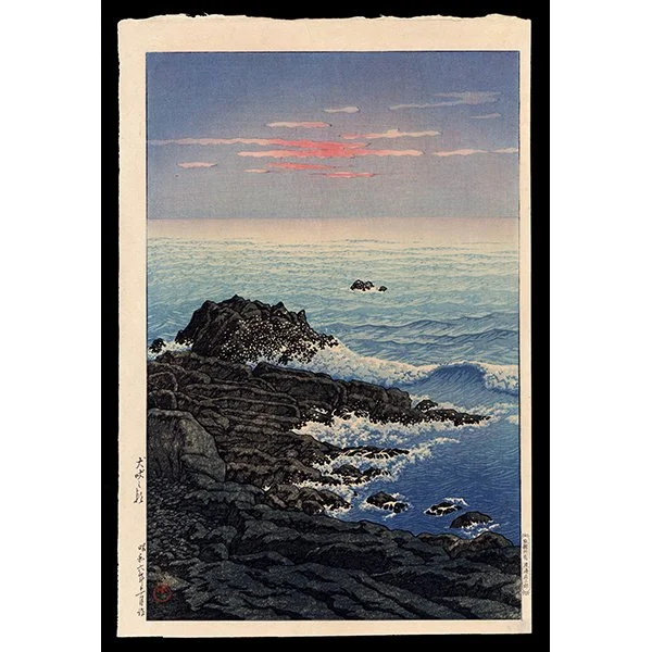 <b>WAVES POUNDING AGAINST THE ROCKS, KUROBAI BOSHU</b> / <em>Kawase Hasui<br>1931<br><br><B>SOLD</B></em>