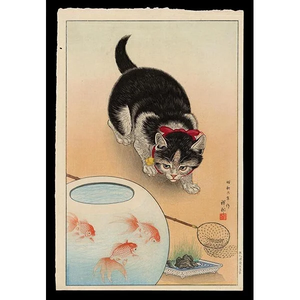 <b>GOLDFISH BOWL AND A CAT</b> / <em>Ohara Shoson<br>1933<br><br><B>SOLD</B></em>