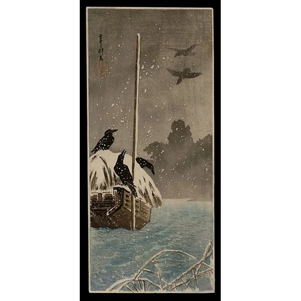 <b>FLOCK OF CROWS IN THE SNOW</b> / <em>Takahashi Hiroaki (Shotei)<br>c. early 1920s<br><br>$4,000</em>