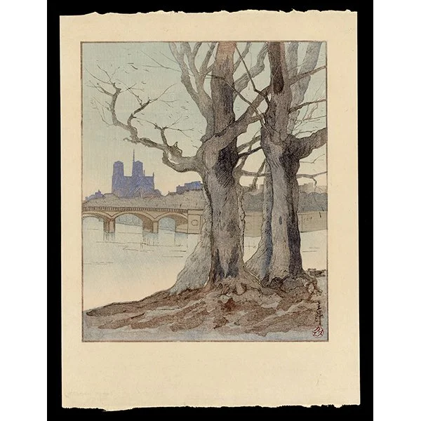 <b>NOTRE DAME FROM THE BANKS OF THE SEINE</b> / <em>Kazue Yamagishi<br>c. 1930<br><br>$3,000</em>