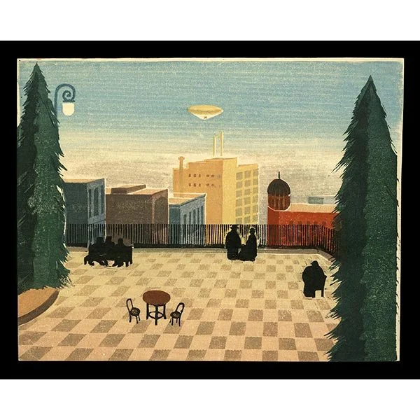 <b>ROOFTOP GARDEN CAFÉ WITH ZEPPELIN</b> / <em>Unsigned—Anonymous<br>c. 1930<br><br><b>SOLD</b></em>
