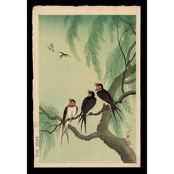 <b>SWALLOWS PERCHED ON A WILLOW BRANCH</b> / <em>Daiko<br>c. 1930<br><br>$1,500</em>