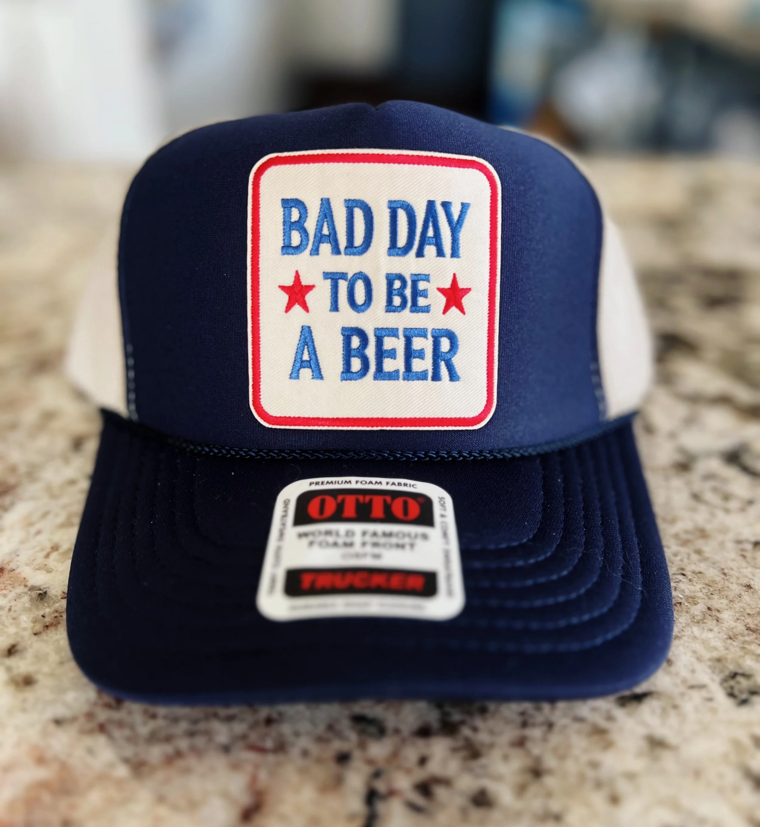 Bad Day to Be a Beer Trucker Hat on an Otto foam front cap in navy with khaki mesh by The Bitter Bitch Co
