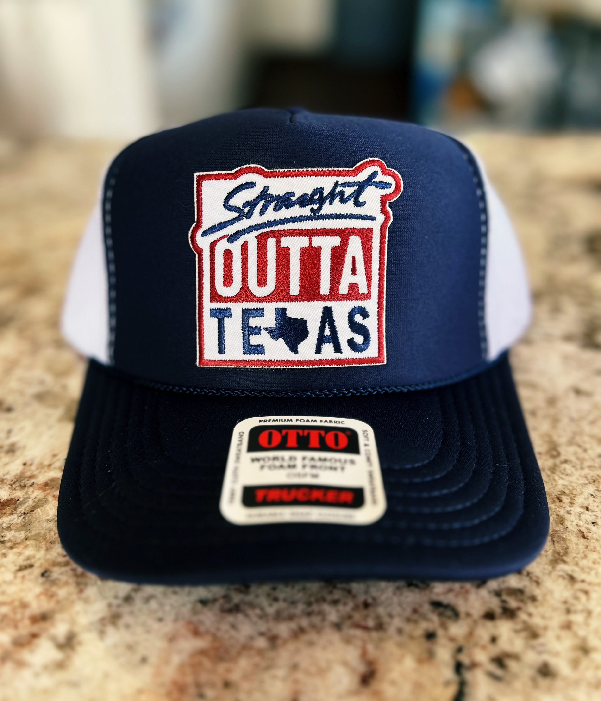 Straight Outta Texas Trucker Hat on a navy foam front Otto cap by The Bitter Bitch Co