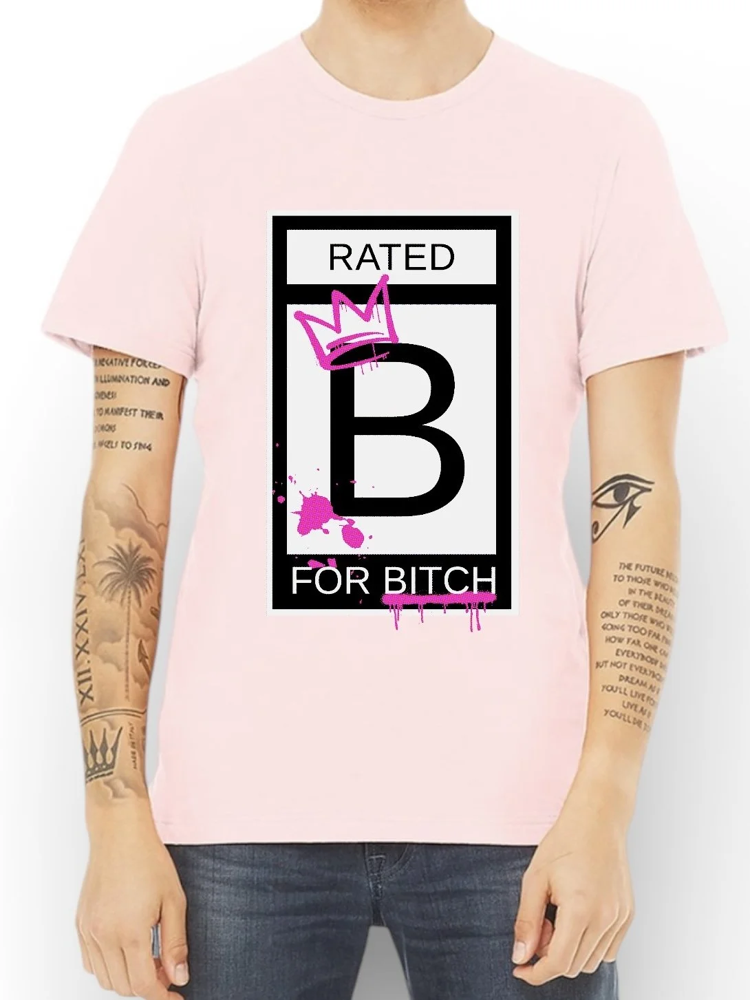 "Rated B for Bitch" unisex tee in soft pink by The Bitter Bitch Co