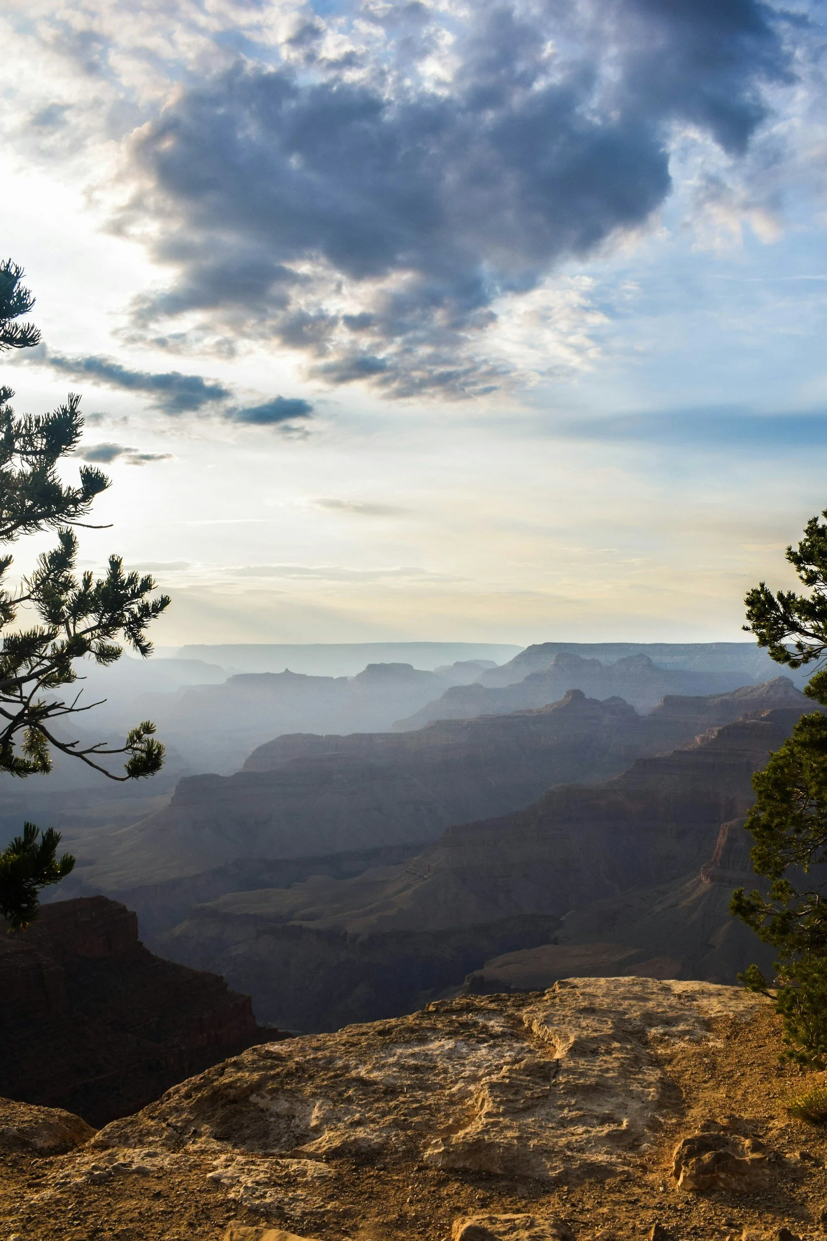 Scenic view of the Grand Canyon with layered rock formations and trees in the foreground under a partly cloudy sky.