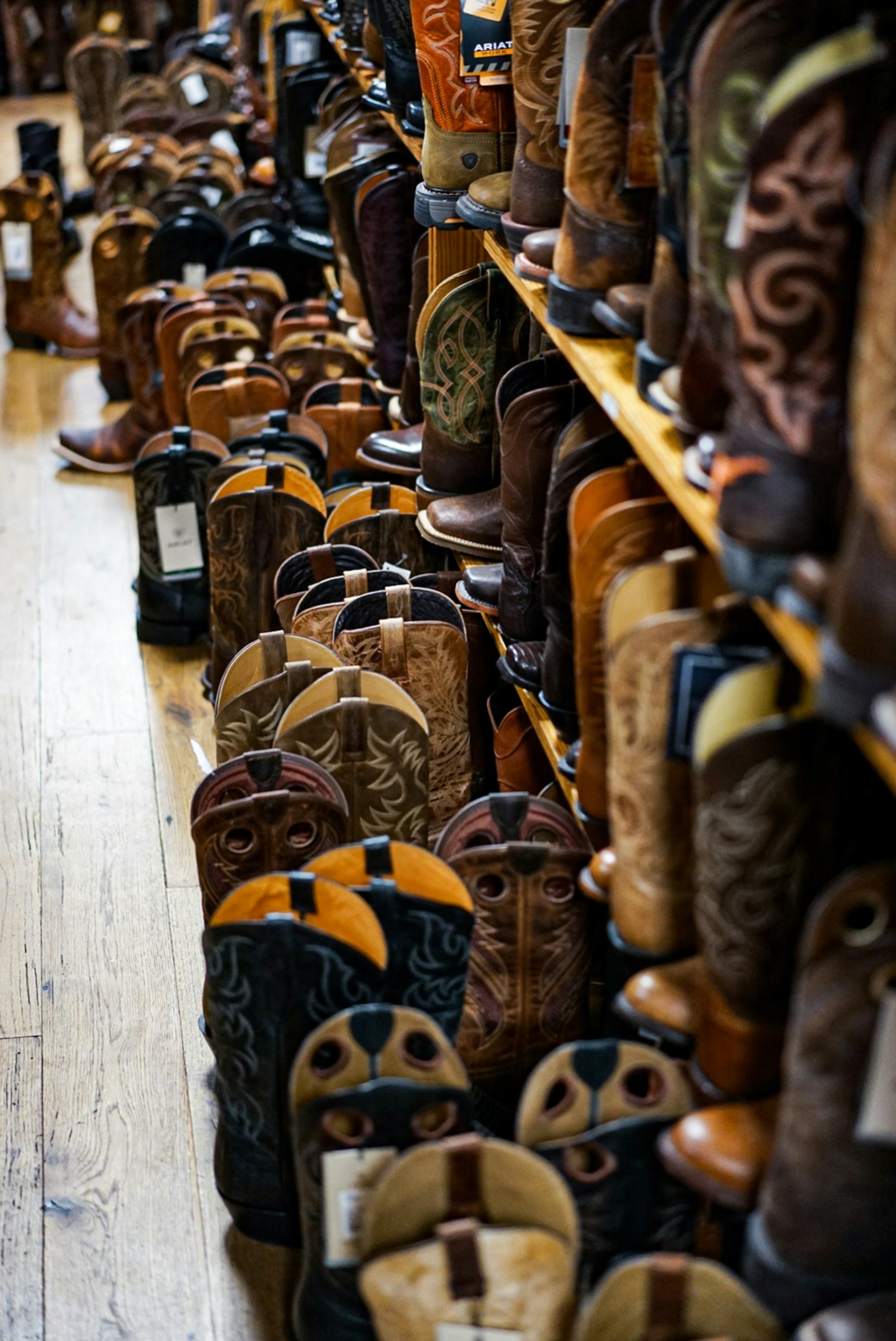 Cowboy boots in stacks at the Las Vegas Roper Warehouse Sale
