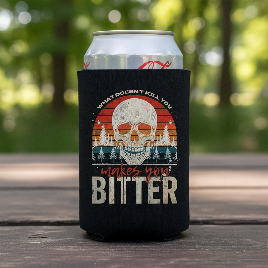 Bitter Bitch Co. neoprene koozie in "What doesn't kill you makes you bitter" graphic