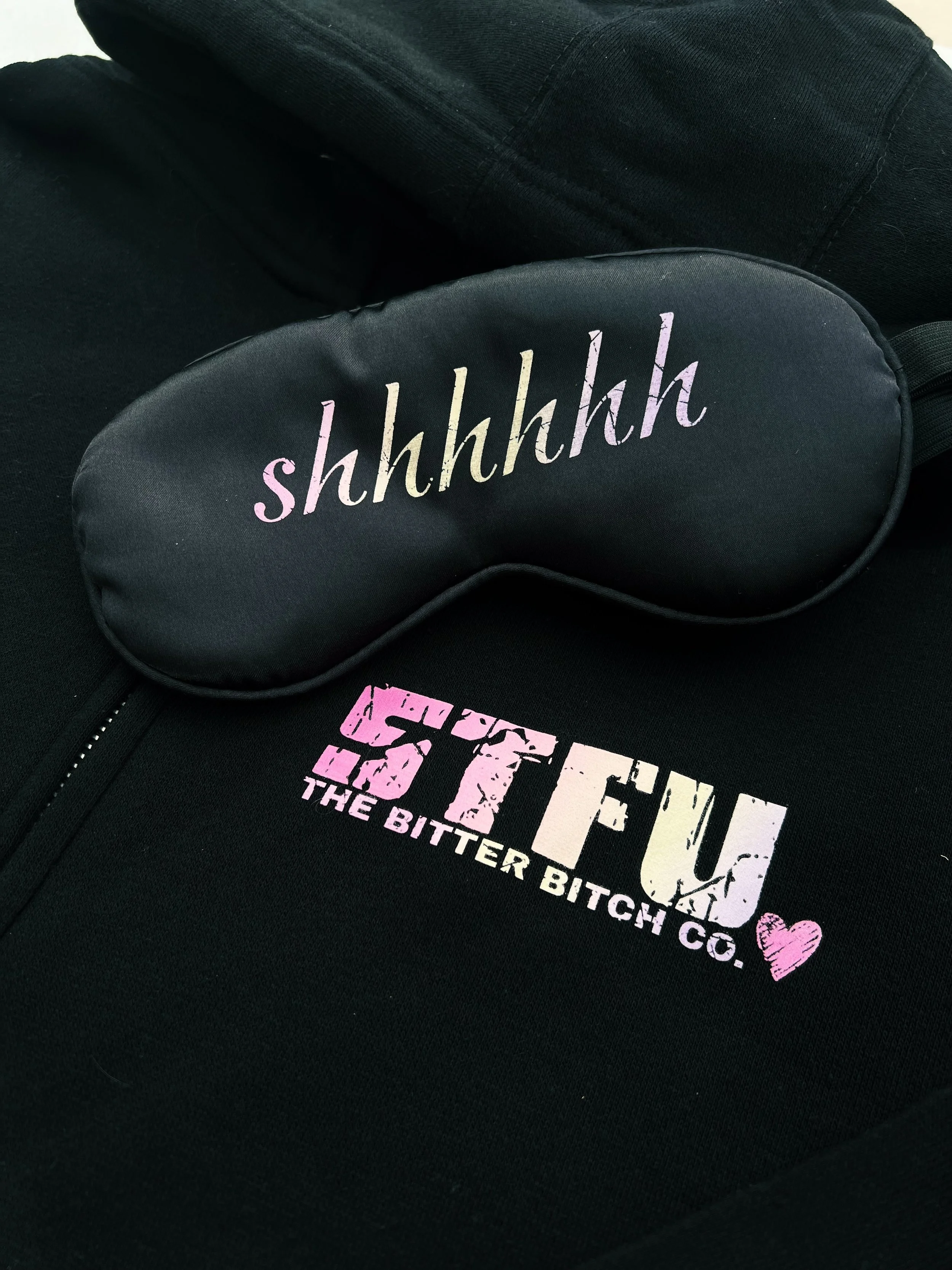 STFU jogger set by The Bitter Bitch Co: "I love the sound you make when you shut the fuck up" pastel gradient