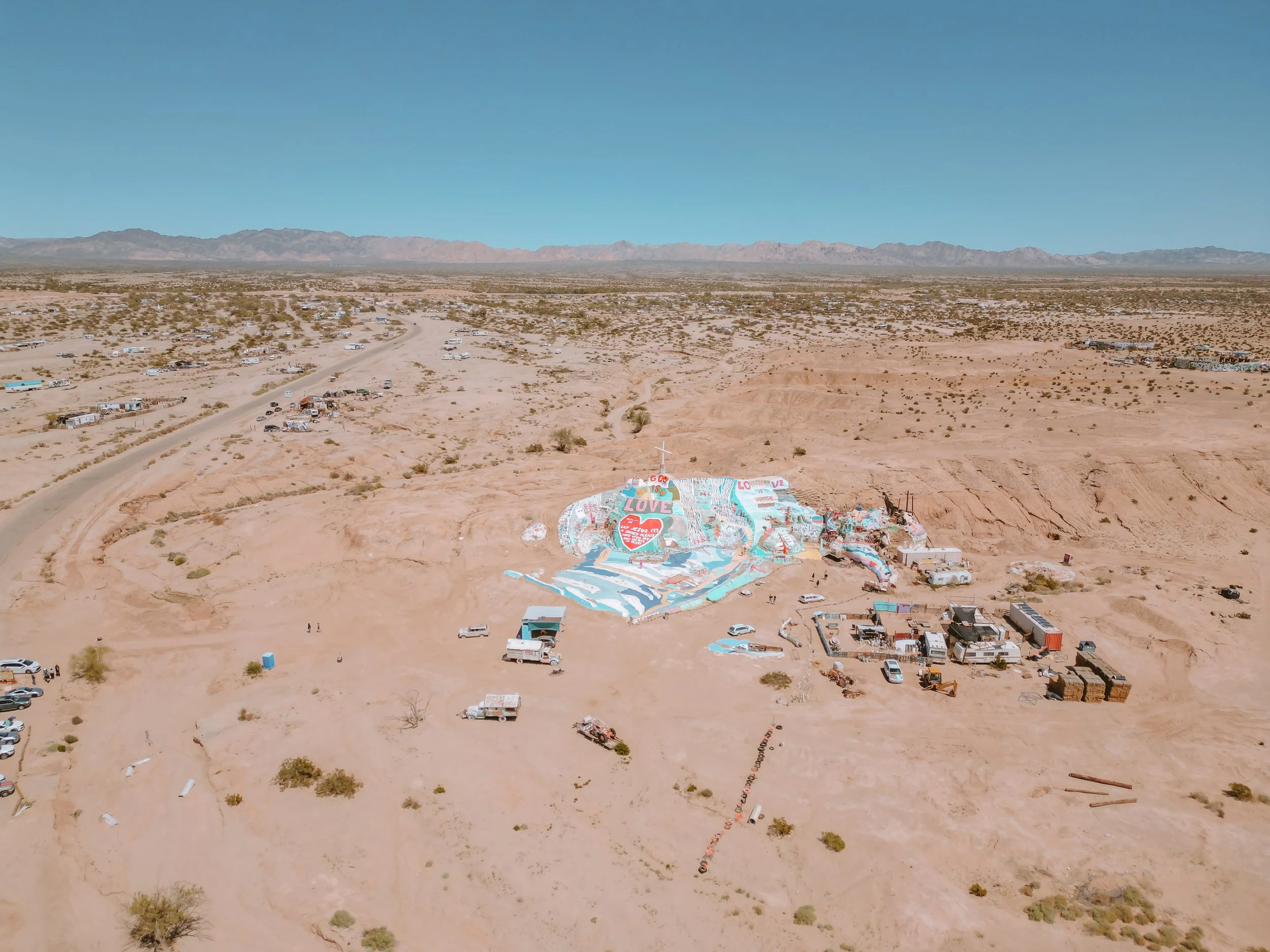 Aerial view of Salvation Mountain and Slab City, Salton Sea, California