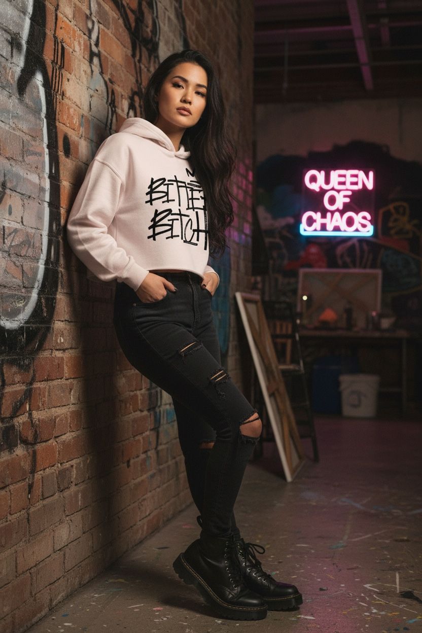 Bitter Bitch Co. graffiti graphic on a cropped hoodie by The Bitter Bitch Co