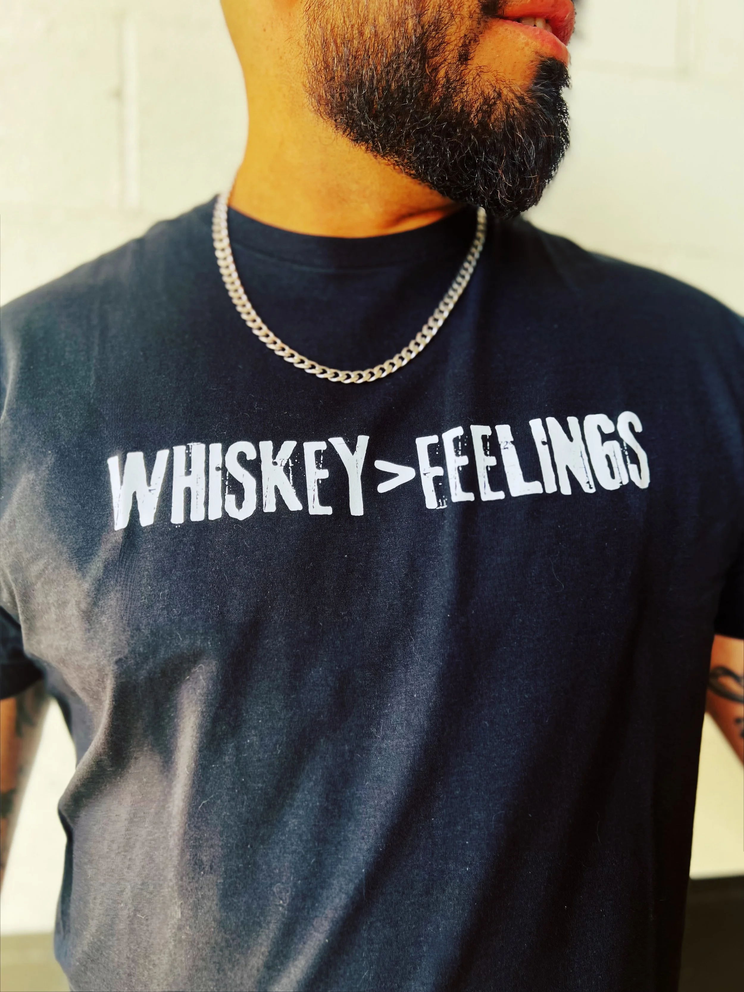 "Whiskey>Feelings" tee available in unisex softstyle black or vintage camel by The Bitter Bitch Co.