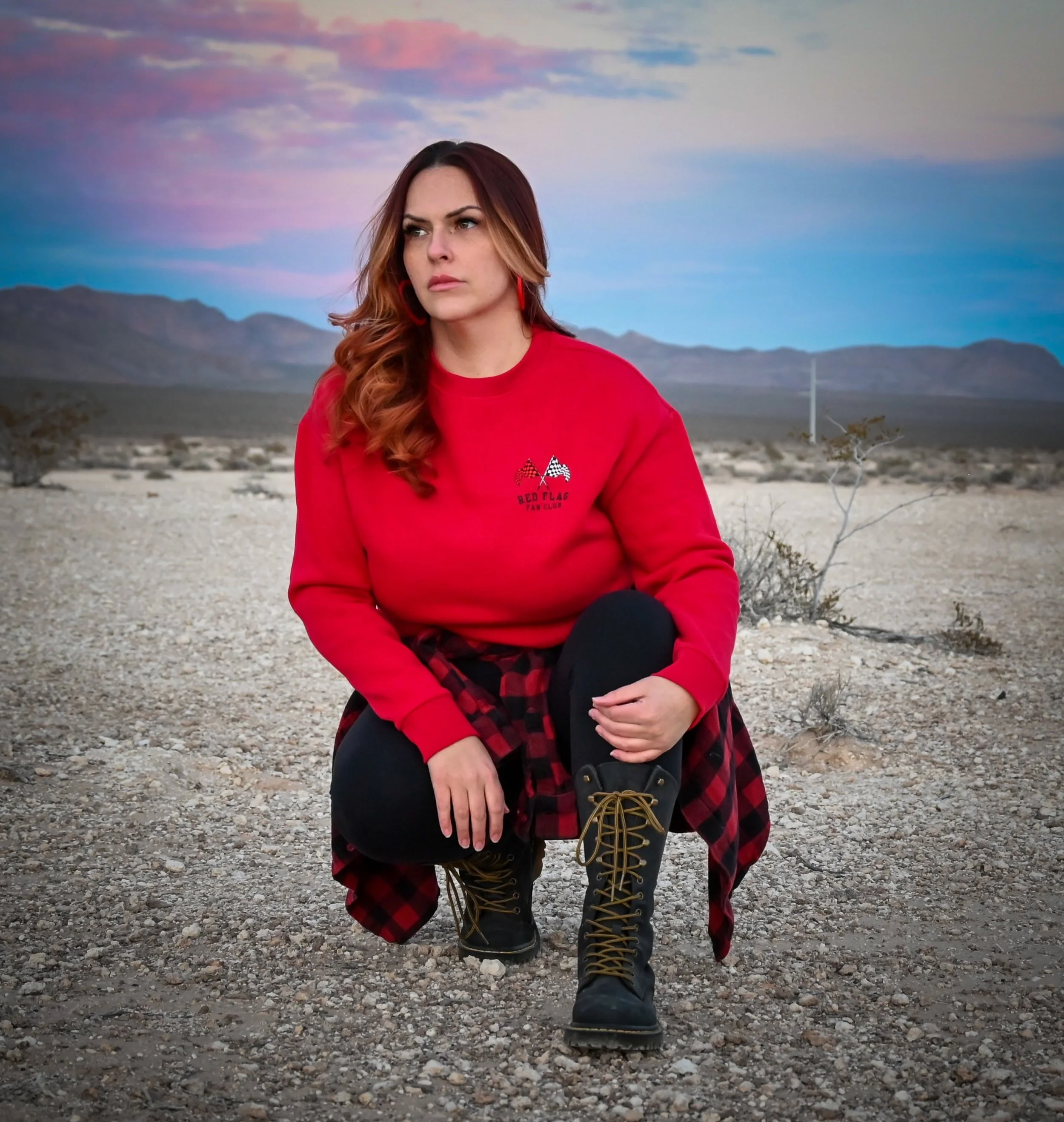 Red Flag Fan Club cropped women's sweatshirt in red with checkered logo on the front breast.  From The Bitter Bitch Co.