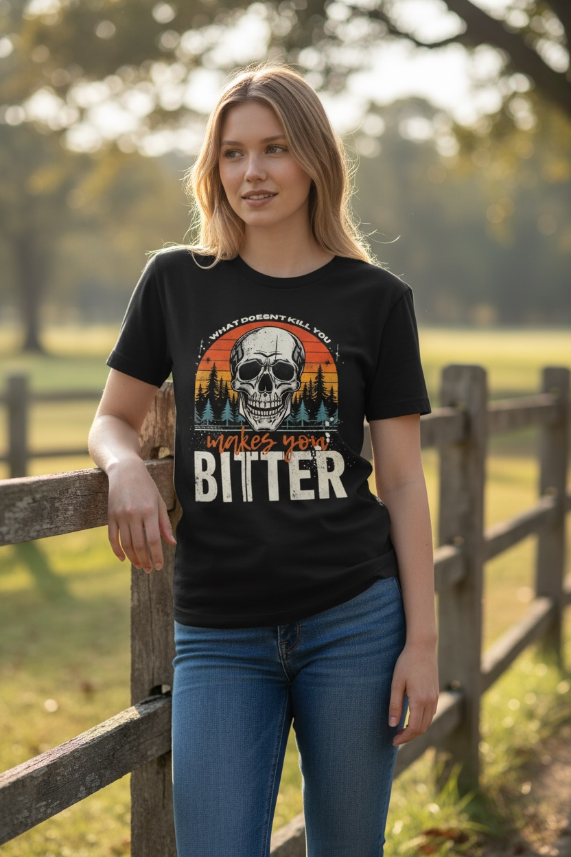 "What Doesn't Kill You Makes you bitter" graphic tee with retro skull graphic by The Bitter Bitch Co