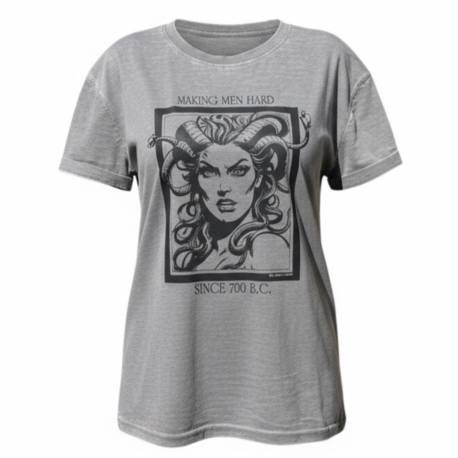 "Making me hard since 700BC" Medusa tee in distressed cement color by The Bitter Bitch Co