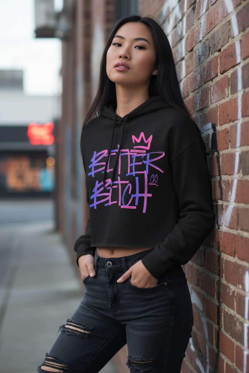 Bitter Bitch Co. graffiti graphic on a cropped hoodie by The Bitter Bitch Co