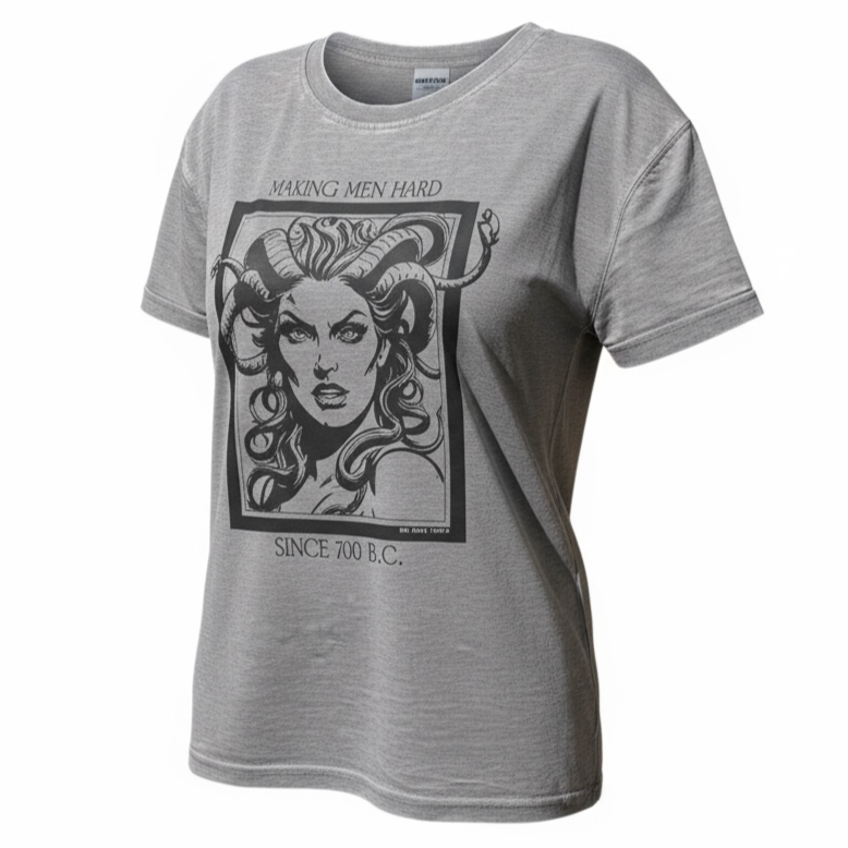 "Making me hard since 700BC" Medusa tee in distressed cement color by The Bitter Bitch Co