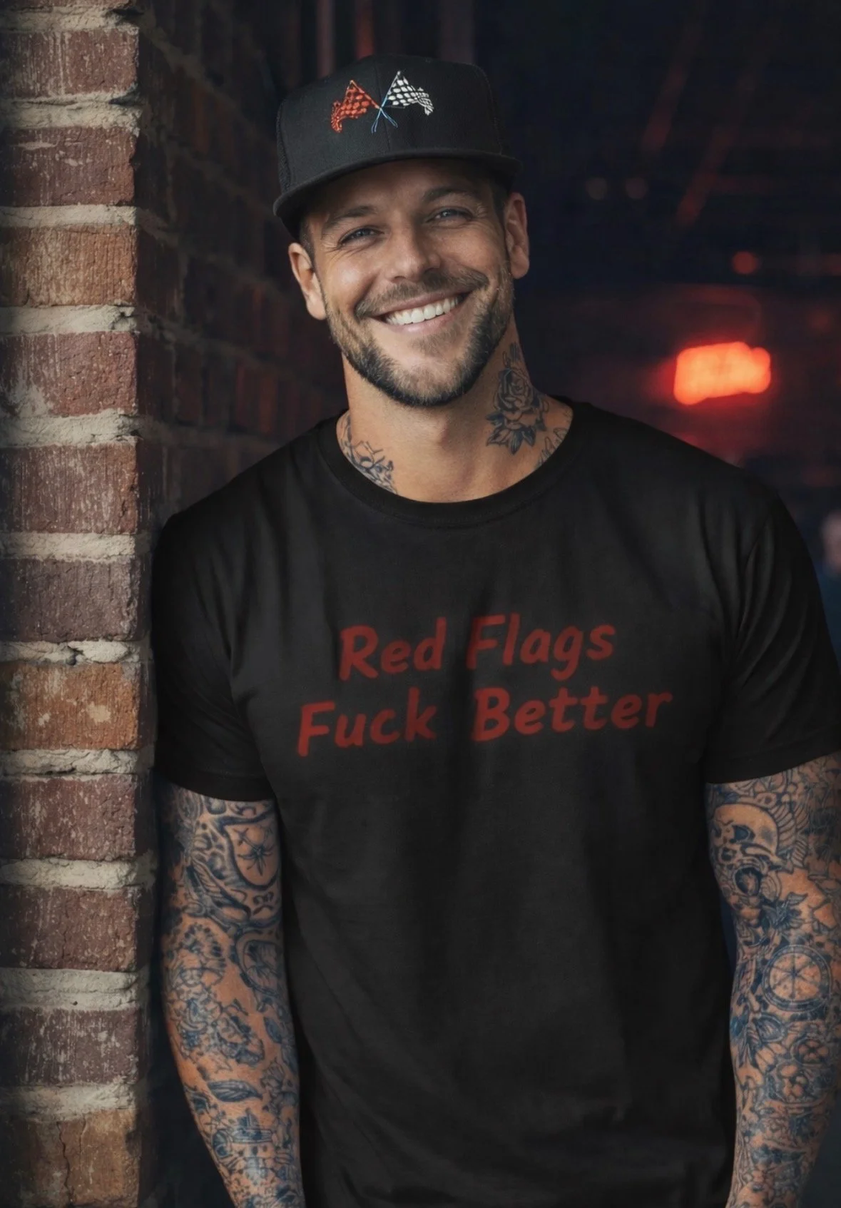 "Red Flags Fuck Better" heavyweight men's tee in black with red lettering, part of the Red Flags Fan Club by The Bitter Bitch Co.