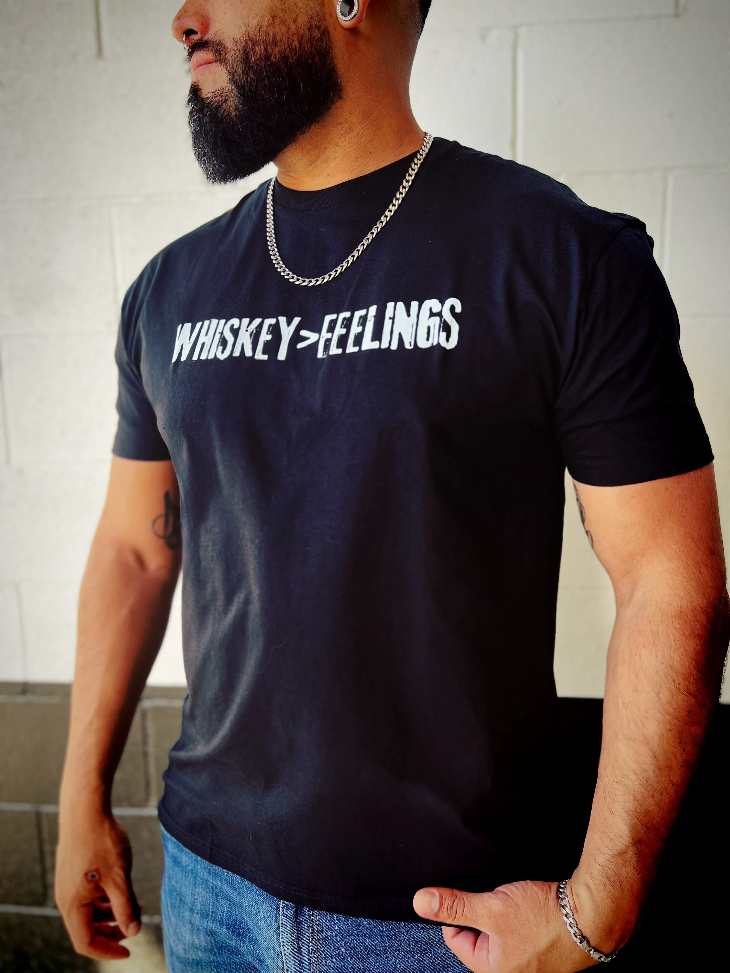 "Whiskey>Feelings" tee available in unisex softstyle black or vintage camel by The Bitter Bitch Co.