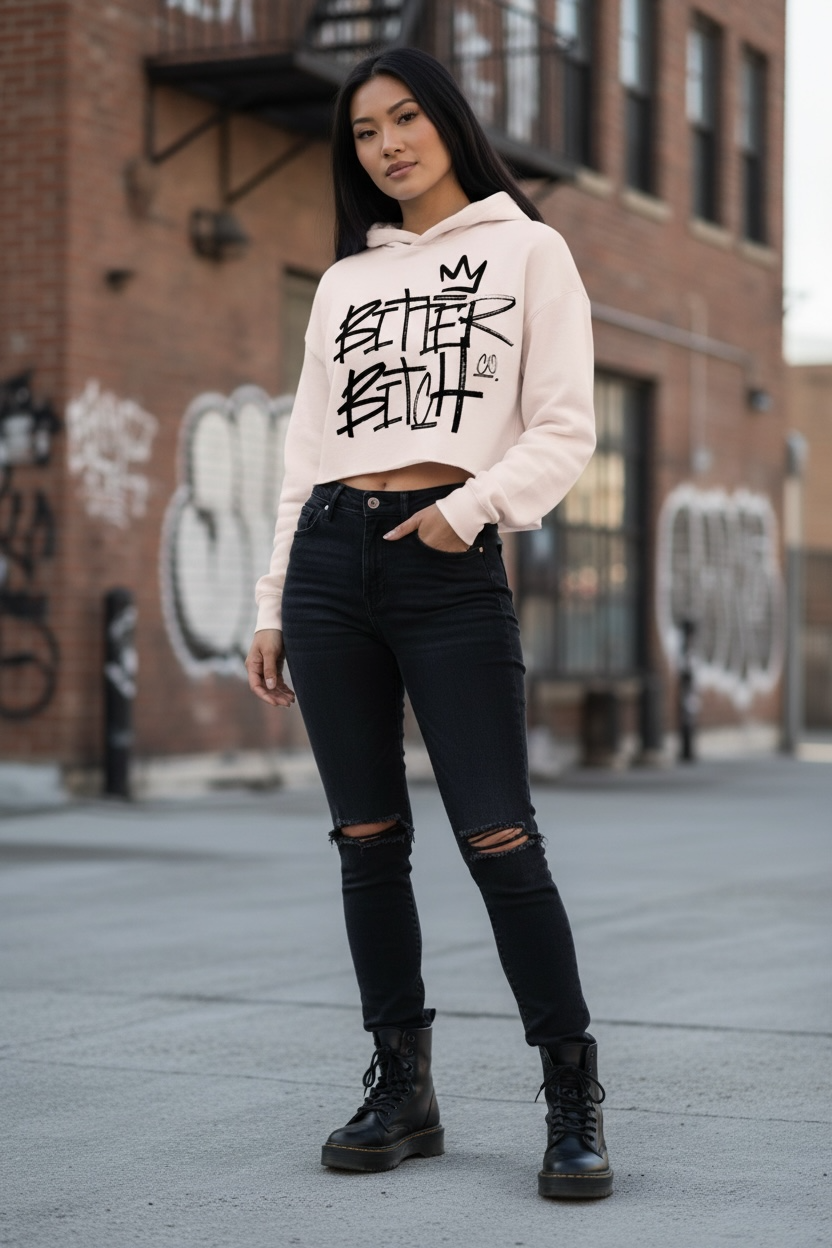 Bitter Bitch Co. graffiti graphic on a cropped hoodie by The Bitter Bitch Co