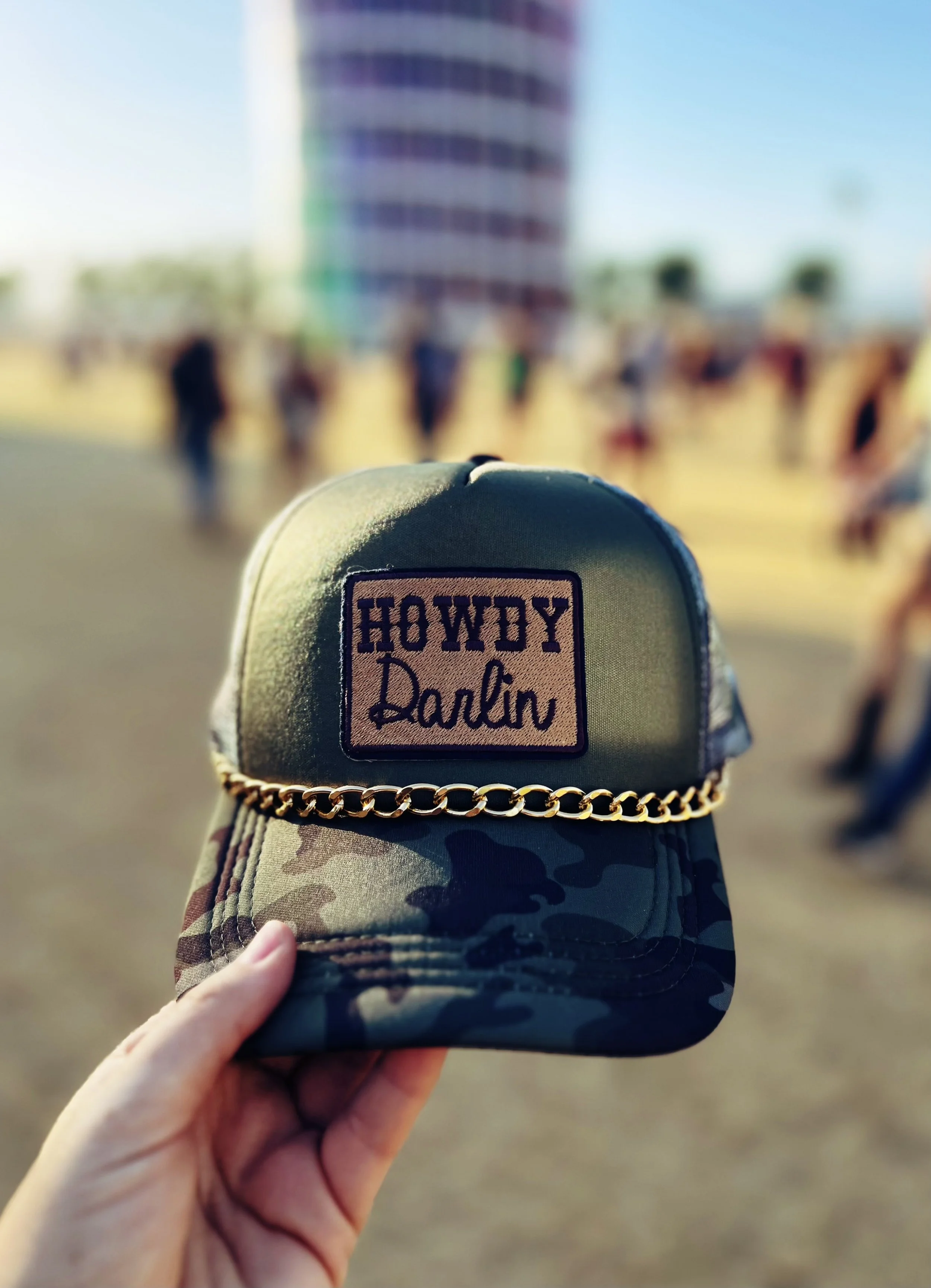 Howdy Darlin trucker hat in olive green camo by The Bitter Bitch Co