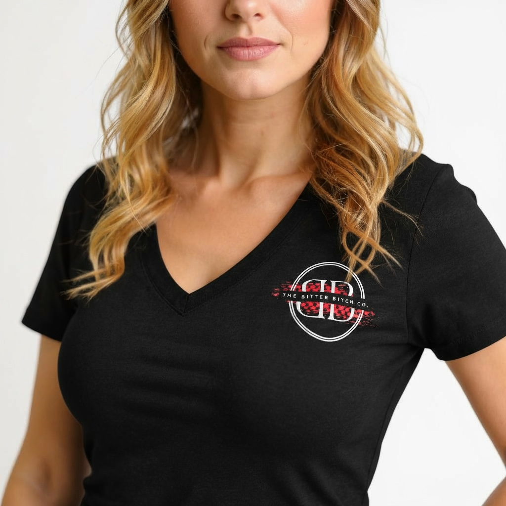 Red Flags Just Fuck Better checkered flag logo on a women's v-neck by The Bitter Bitch Co.