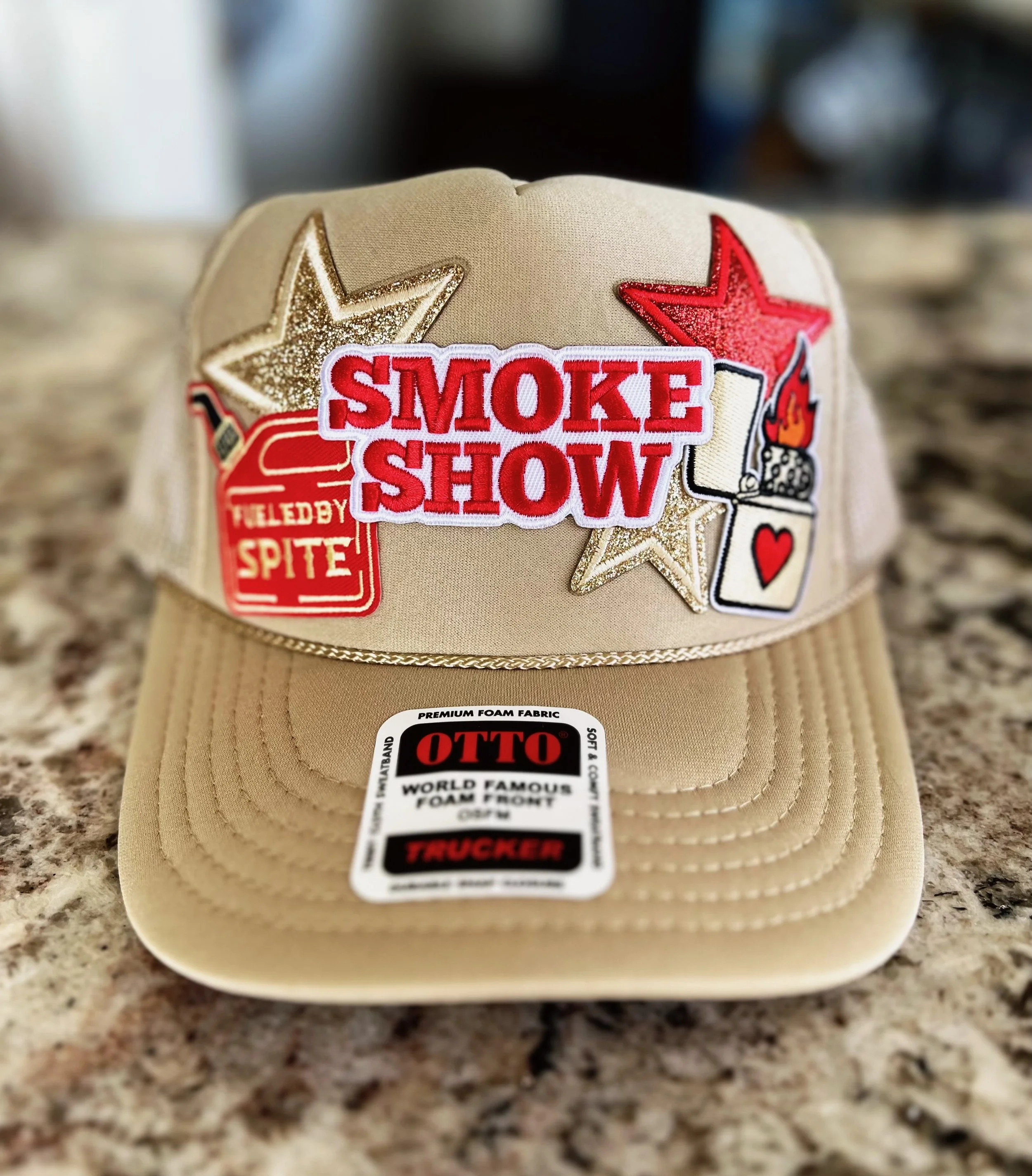 Smokeshow Trucker Hat on a khaki Otto foam front cap by the Bitter Bitch Co
