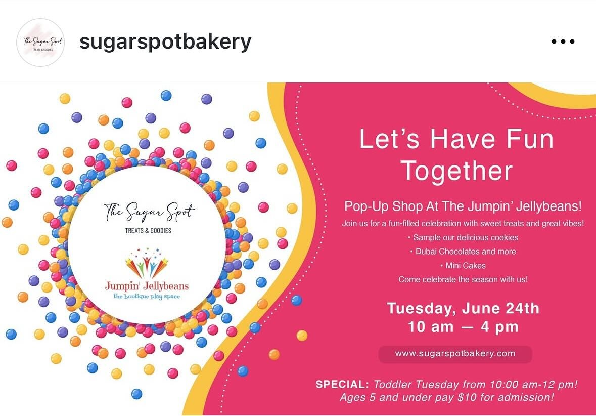 Mark your calendars for a special treat happening at Jumpin&rsquo; Jellybeans this Tuesday! 

@sugarspotbakery will be hosting a pop up shop from 10-4 pm! 

Come sample and take home some of their delicious treats including:
🍪 Cookies
🍫Dubai Chocol