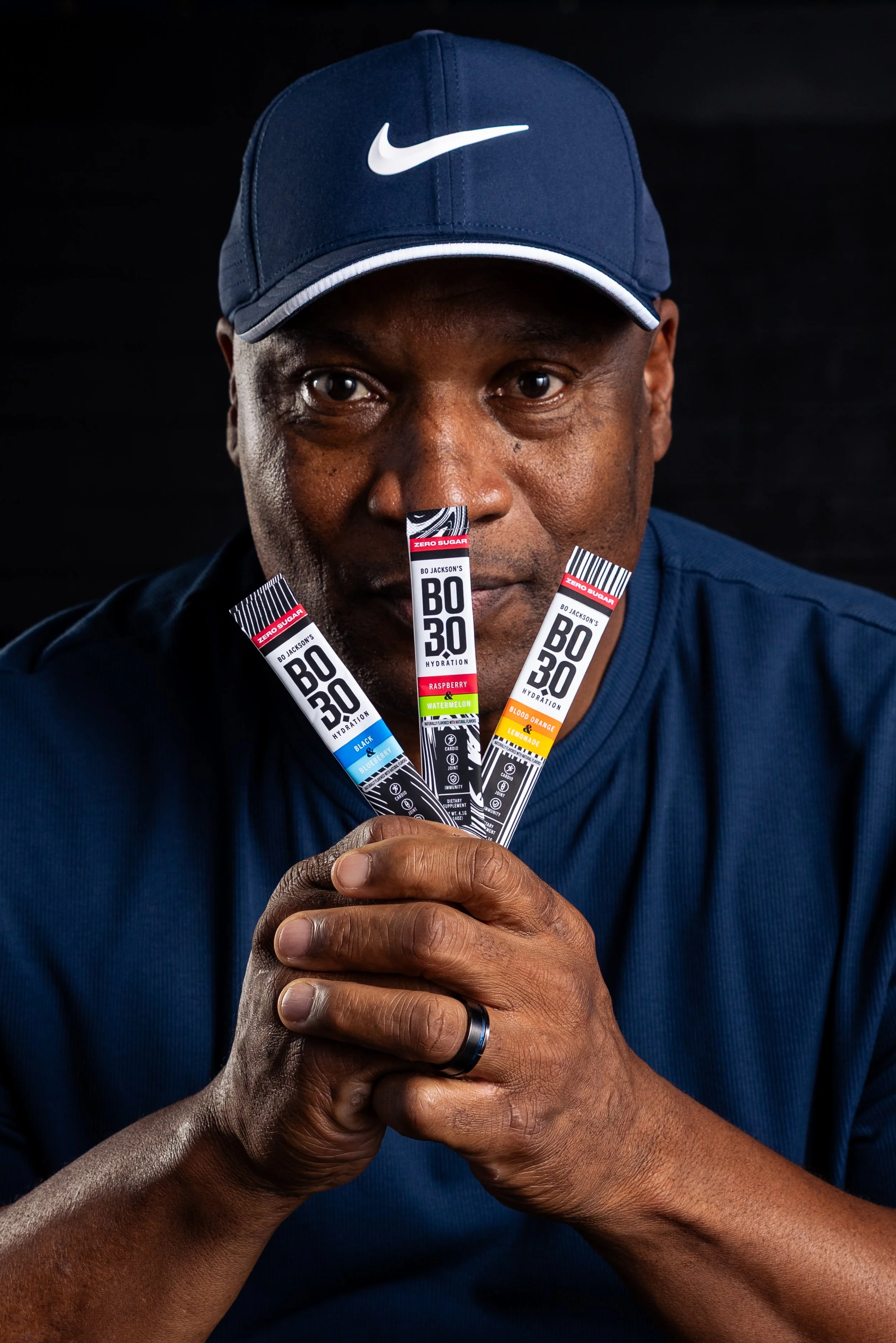 Bo Jackson holding electrolyte packets — Bo 3.0 Hydration product campaign