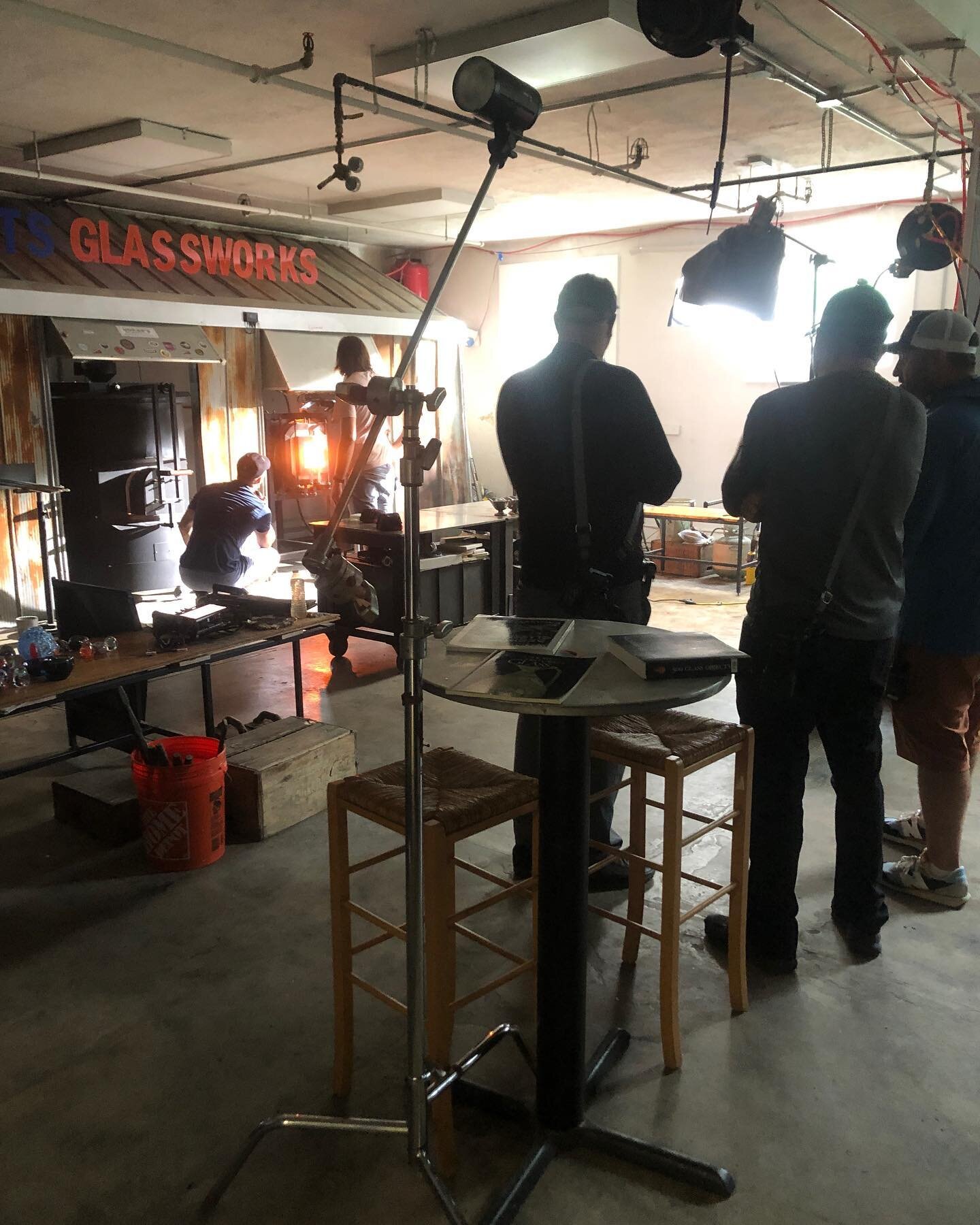 Just another day at the Office. #mainetourism Association is filming a promotional video at the glass studio, to promote the Arts in Maine. This should be fun #waterfallarts #lightsactioncamera #jacobsonglass #maine #maineglass #belfast #belfastmaine