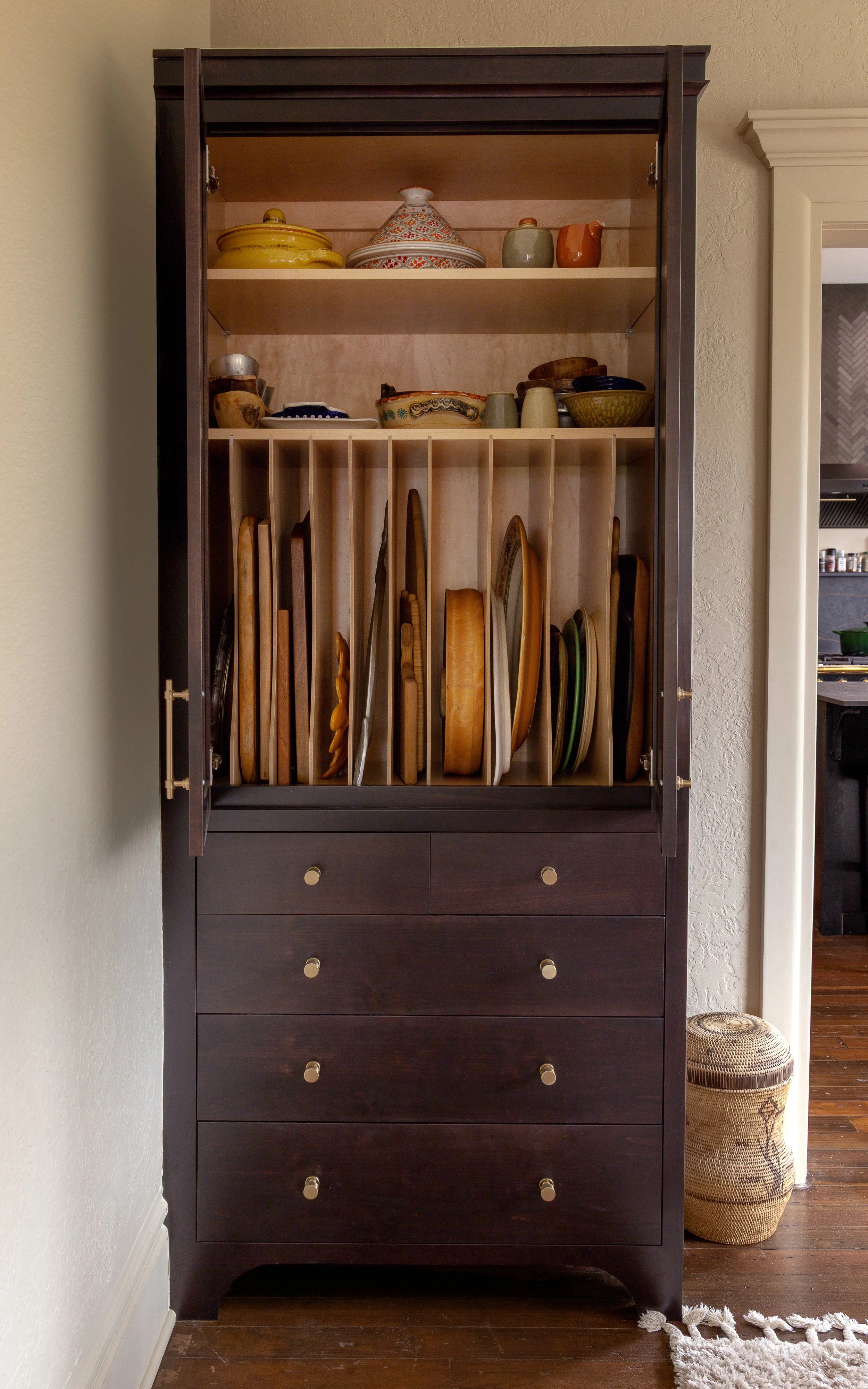 Custom Dining Room cabinet with functional storage for platters and cookware