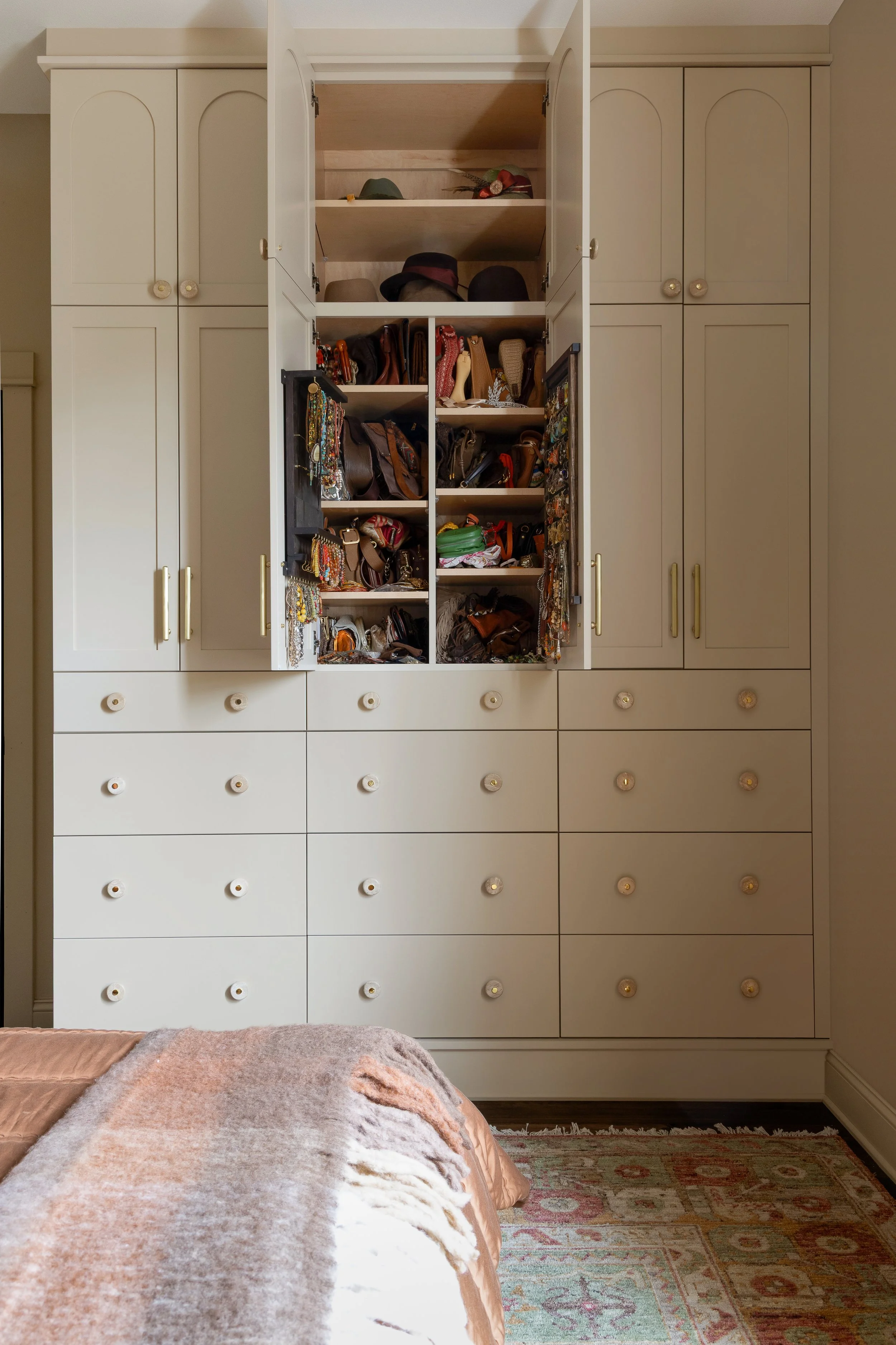 Custom Primary Bedroom wardrobe for jewelry, purses, and hats