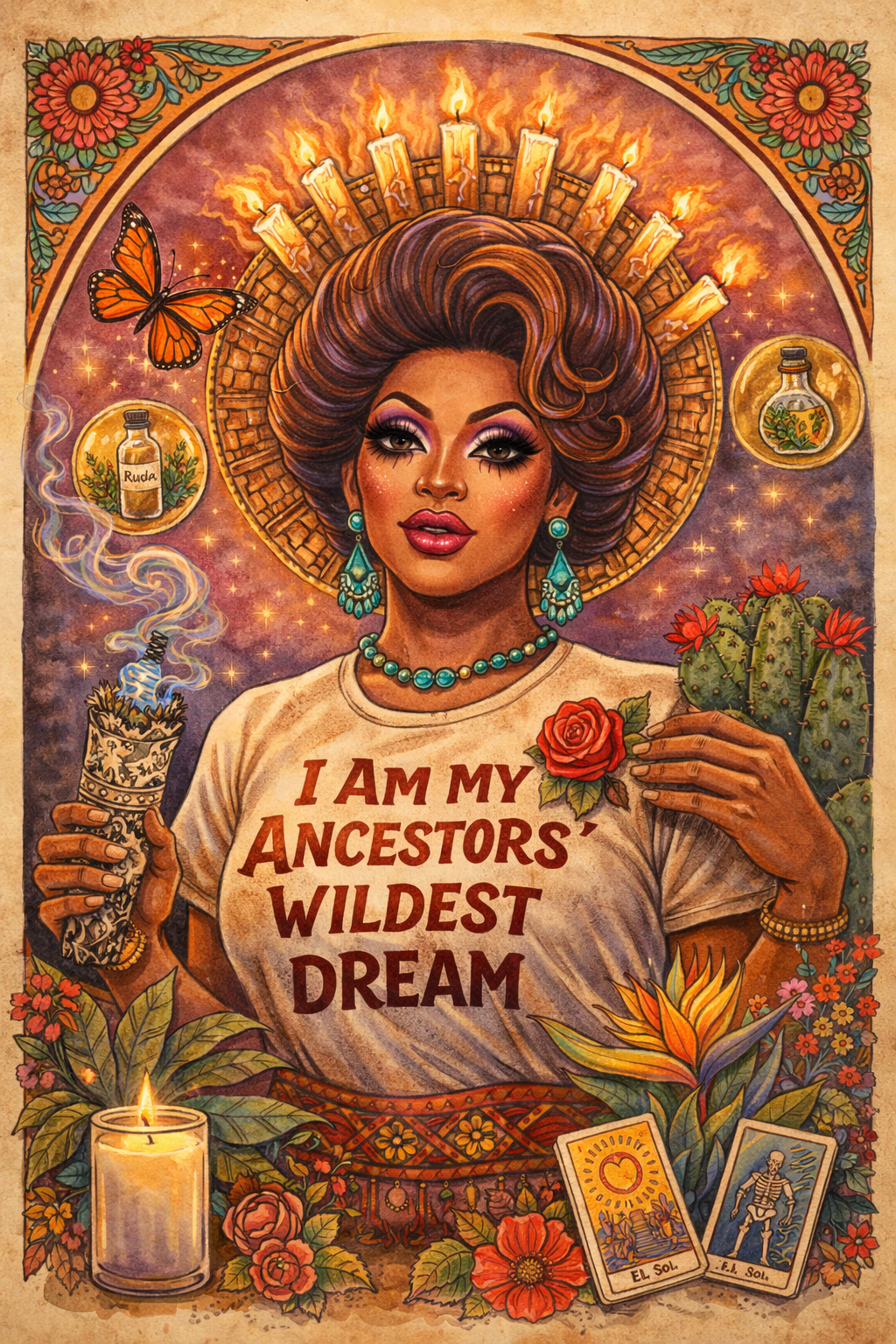 Illustrated portrait of Latine drag queen wearing "I Am My Ancestors' Wildest Dream" shirt with halo of candles, butterfly, herbs, tarot cards, and flowers