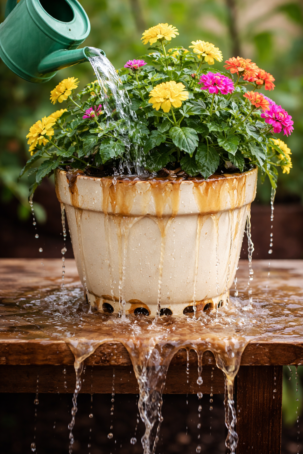 Colorful flowers in pot being watered with excess water draining out, illustrating emotional saturation metaphor for burnout and overwhelm