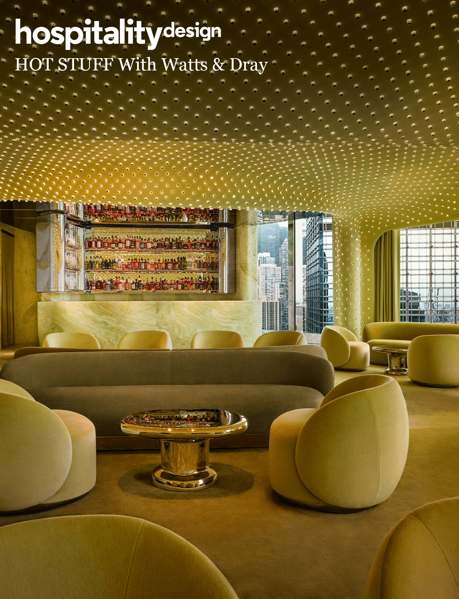 Curved seating and glowing perforated ceiling inside Peridot bar in Hong Kong.
