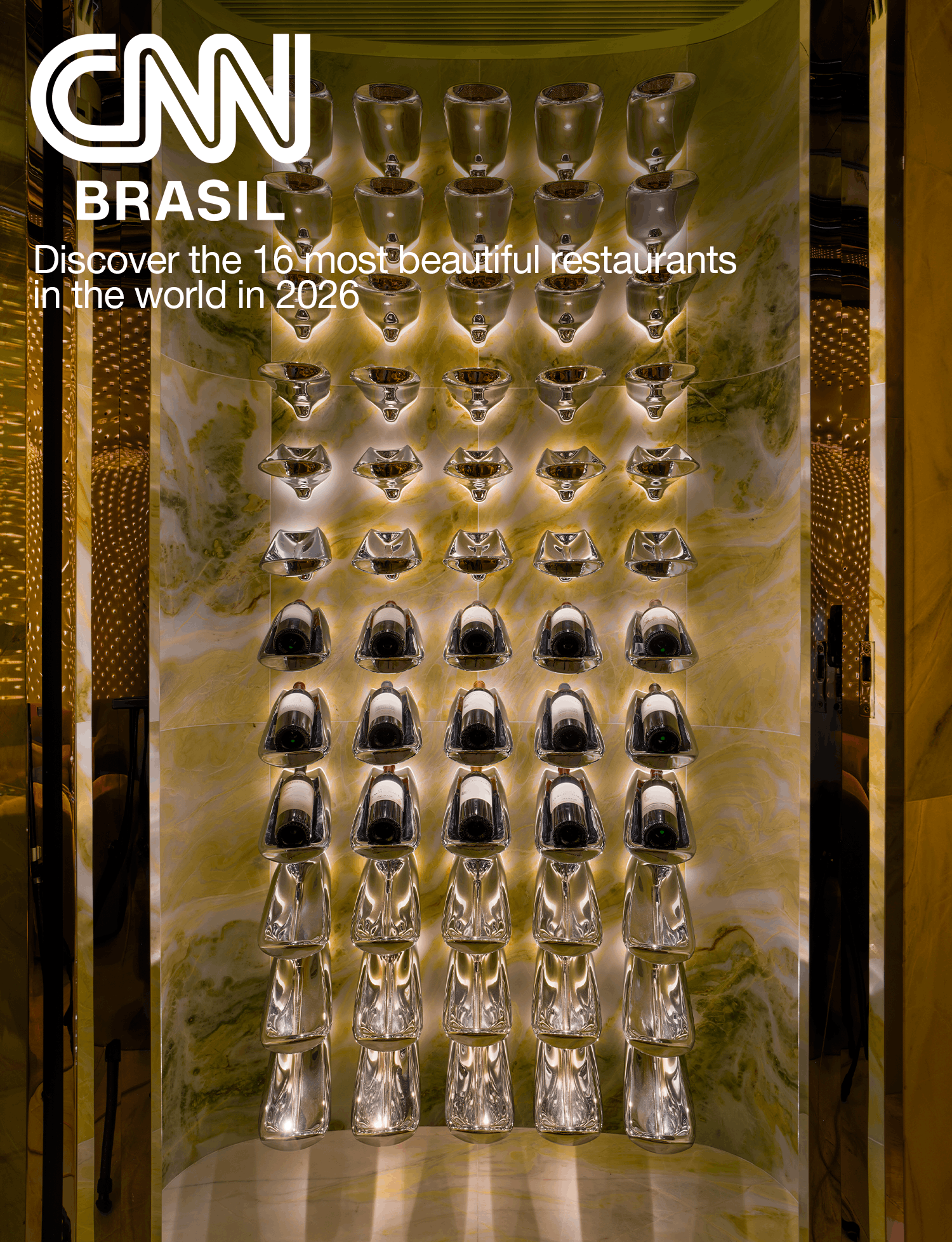 Sculptural metallic wine display wall inside Peridot bar.
