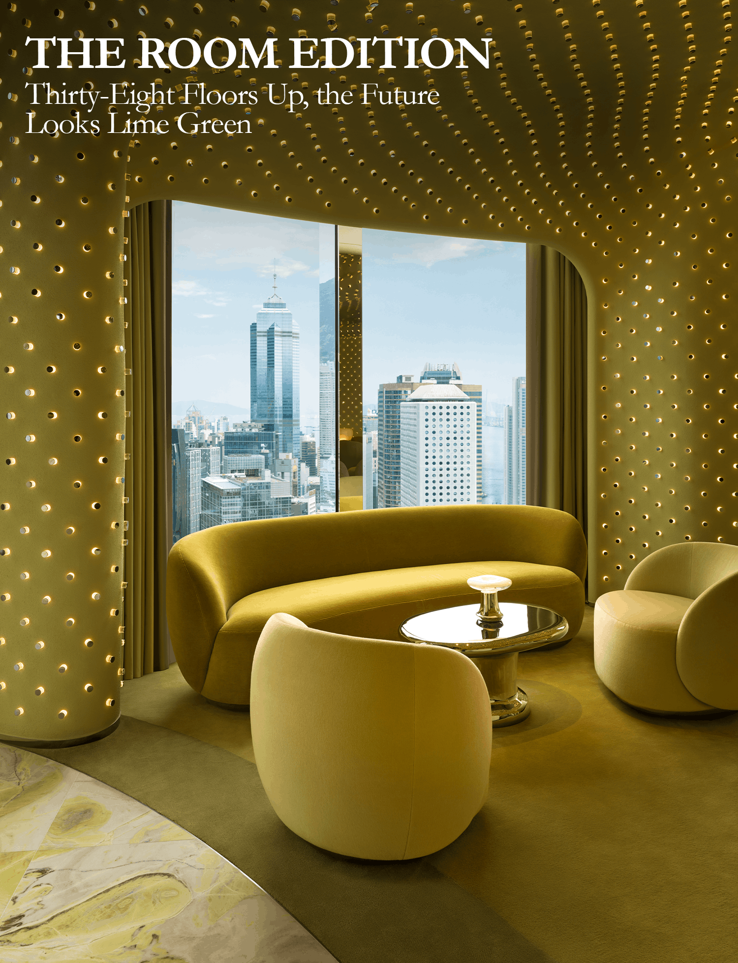 Curved seating and bar interior beneath Peridot’s illuminated perforated ceiling.