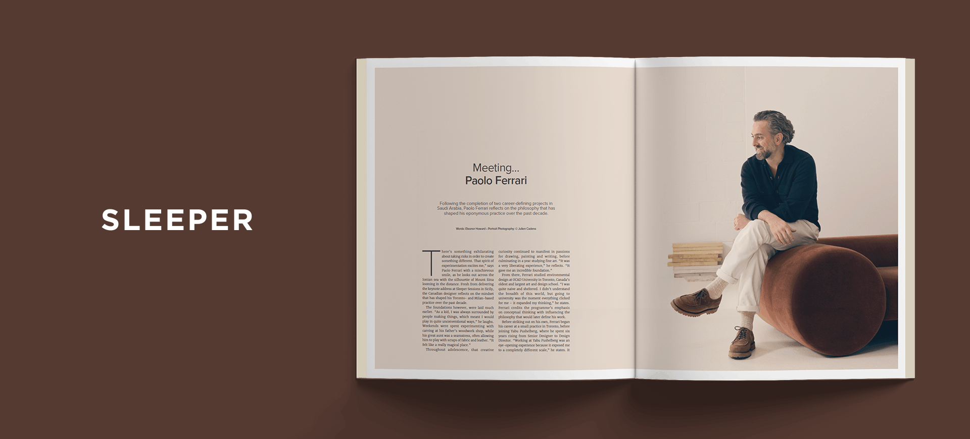 Sleeper magazine spread featuring Paolo Ferrari seated on a sculptural brown sofa.