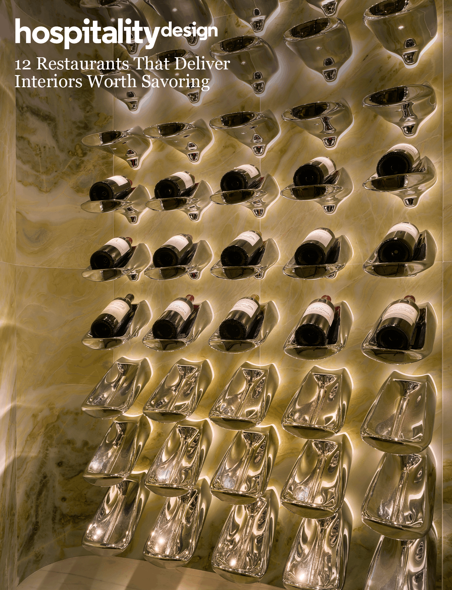 Sculptural metallic wine display wall inside Peridot bar.