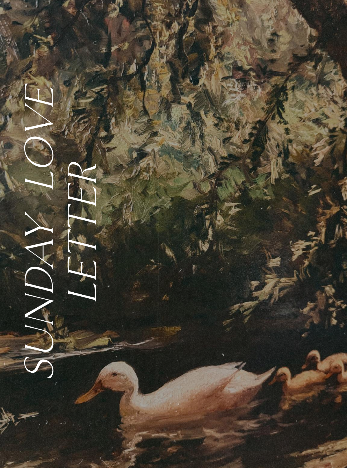 A close-up of a painting showing a white duck swimming across a dark pond with three ducklings following behind. Overhanging branches and dense foliage frame the water, with loose, textured brushstrokes throughout.