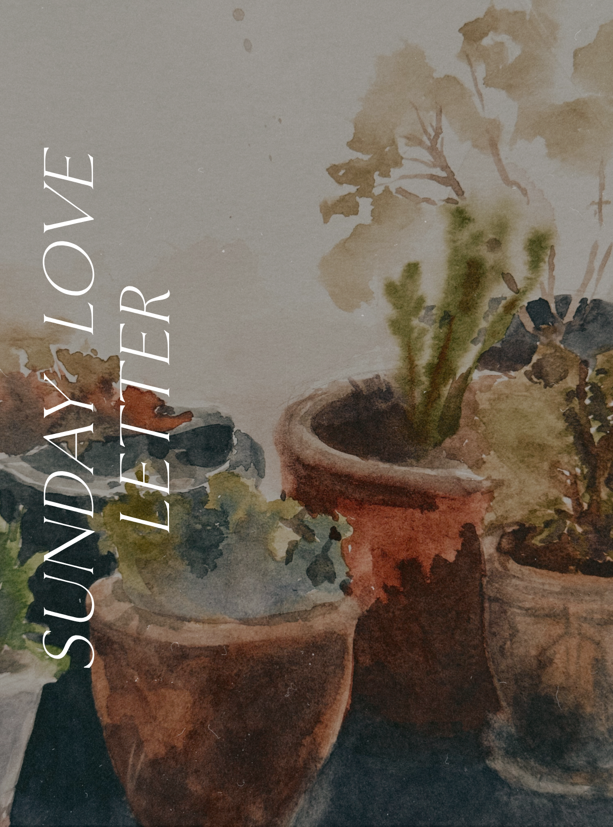 Fragment of the artwork “Very lovingly hand-painted pots” by Luize Gulbe, showing softly painted clay plant pots with green foliage, rendered in gentle earth tones with a watercolor-like texture.