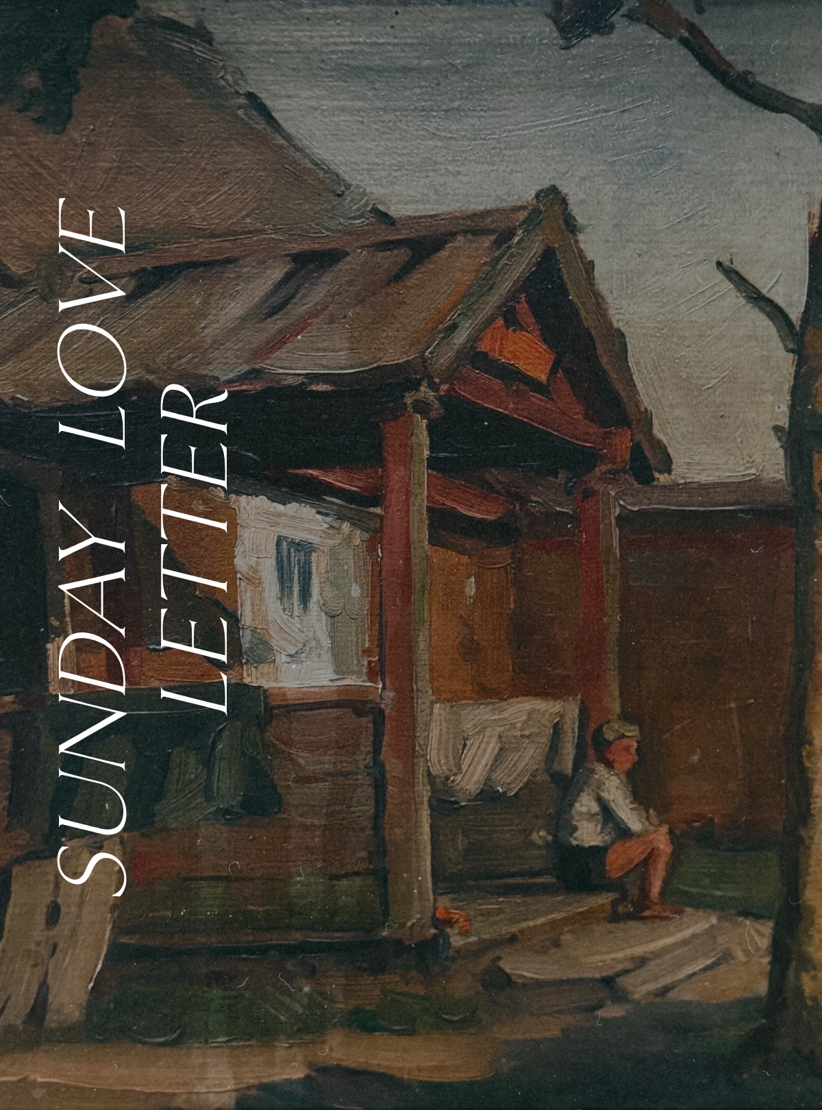 Fragment of the painting “On the Porch” by Pauls Sprenks, depicting a weathered wooden porch and a small boy seated on its steps, painted in soft earth tones with expressive, textured brushstrokes.