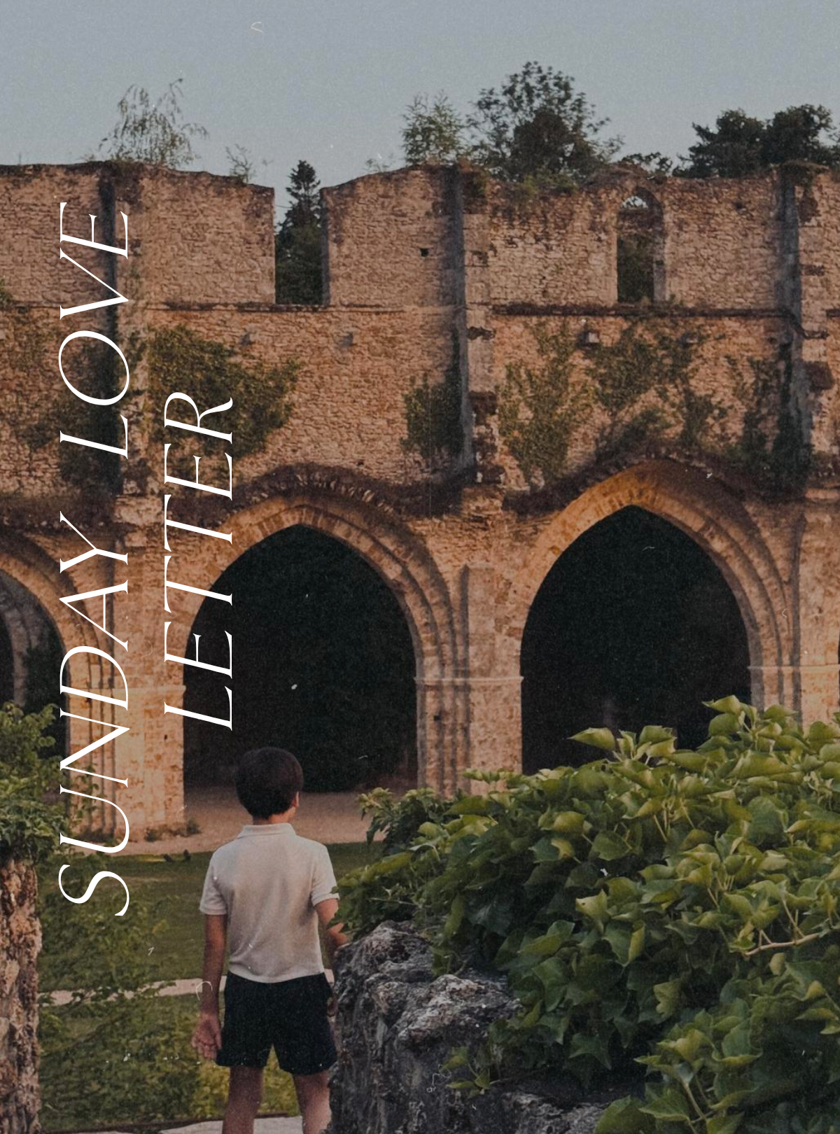 A young child, Elina's son, seen from behind, stands in a garden facing the weathered stone arches and ivy-covered ruins of a historic abbey at dusk. Trees rise above the old walls, while lush green foliage frames the foreground.